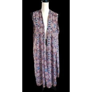 LuLaRoe Silky Polyester Multicolor Artsy Print Long Length Open Front Vest Sz M
